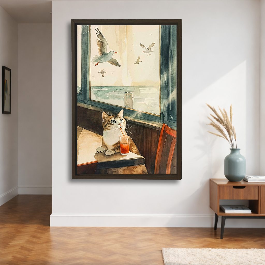 Cat by the Seaside Window canvas wall art, walnut floating frame
