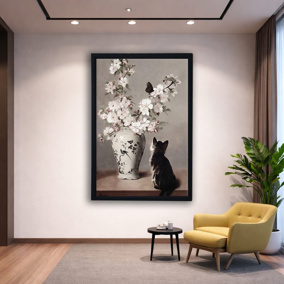 Cat with Cherry Blossom Vase canvas wall art, black floating frame