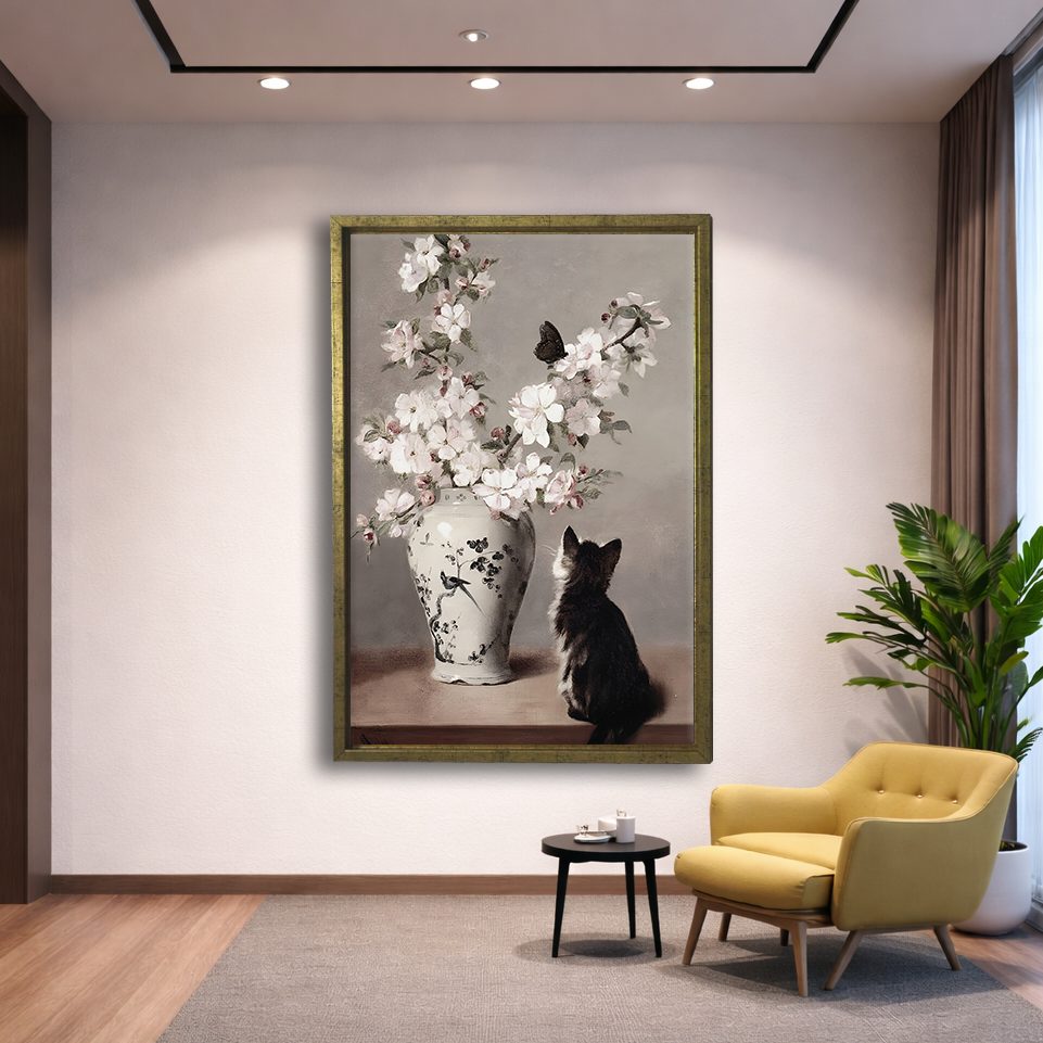 Cat with Cherry Blossom Vase canvas wall art, gold floating frame