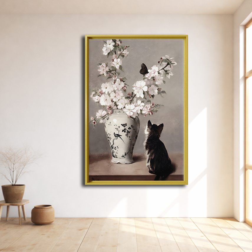 Cat with Cherry Blossom Vase canvas wall art, natural wood floating frame