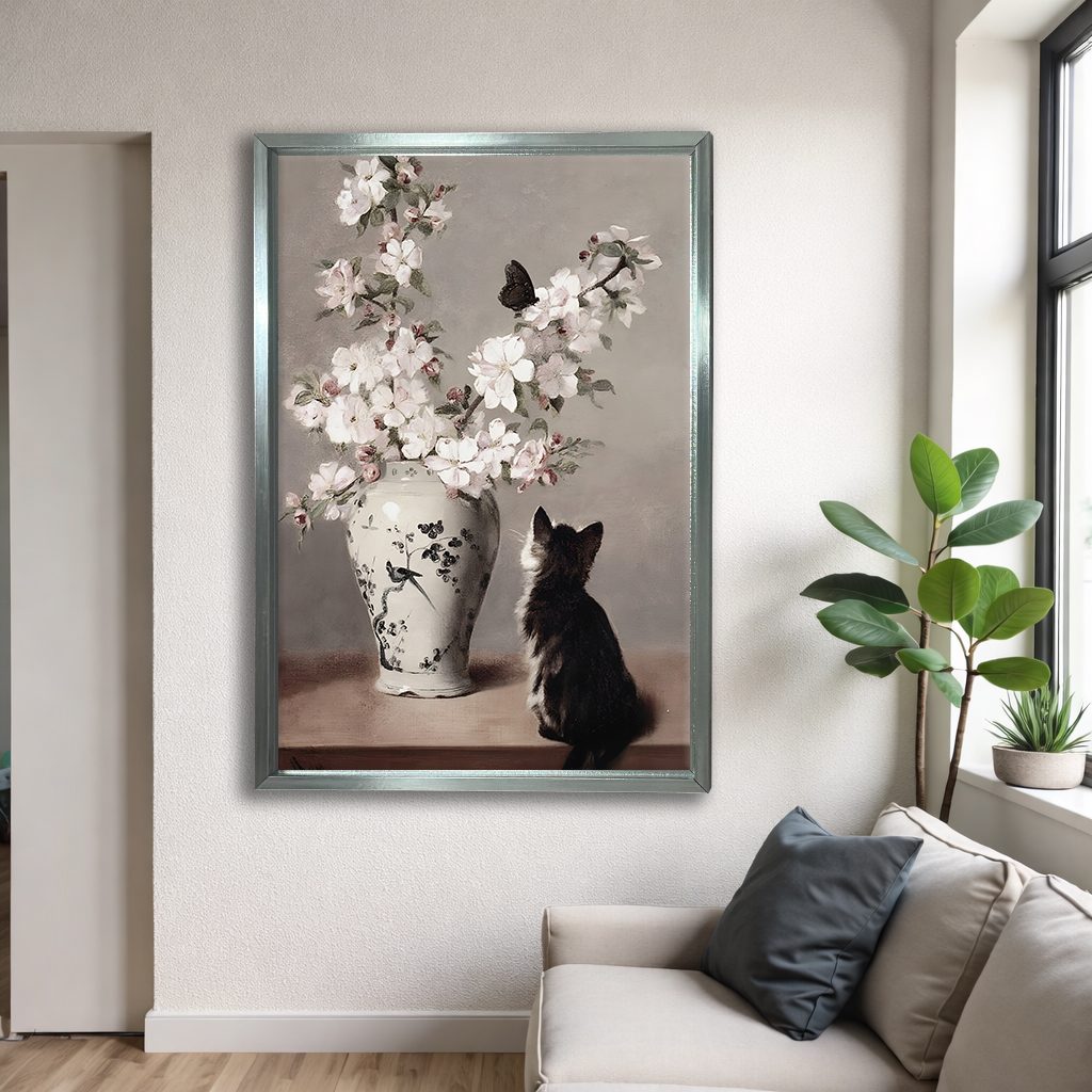 Cat with Cherry Blossom Vase canvas wall art, silver floating frame