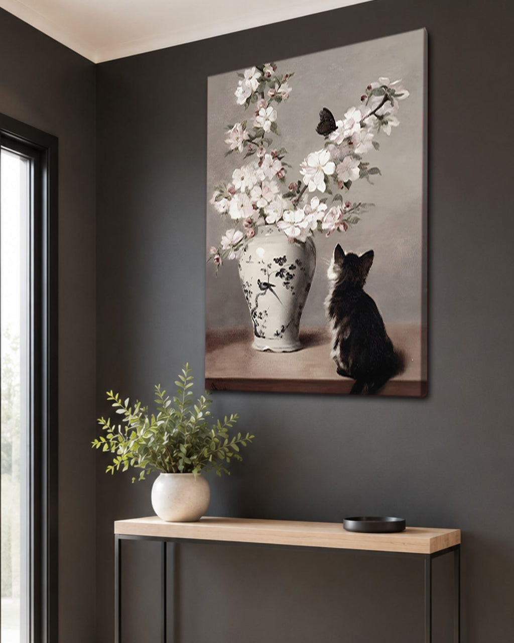 Cat with Cherry Blossom Vase canvas wall art, unframed canvas