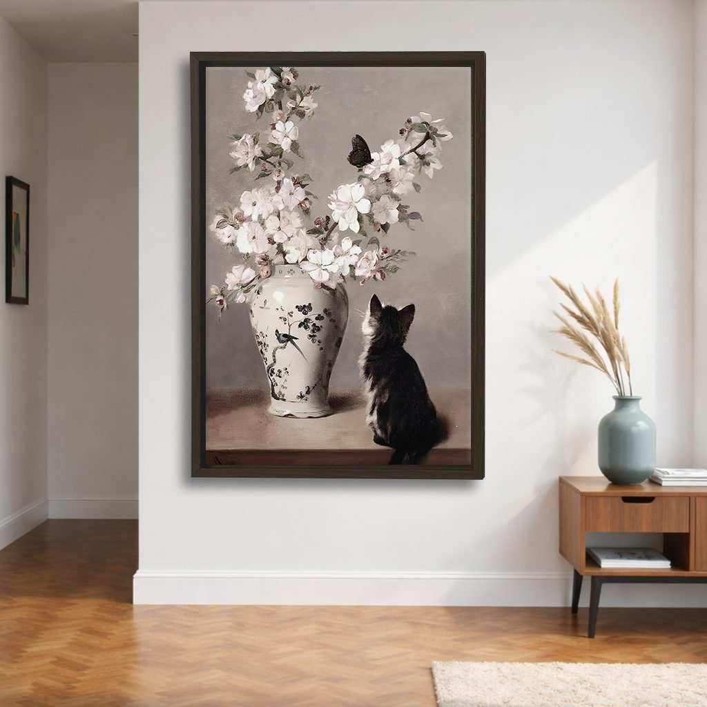 Cat with Cherry Blossom Vase canvas wall art, walnut floating frame