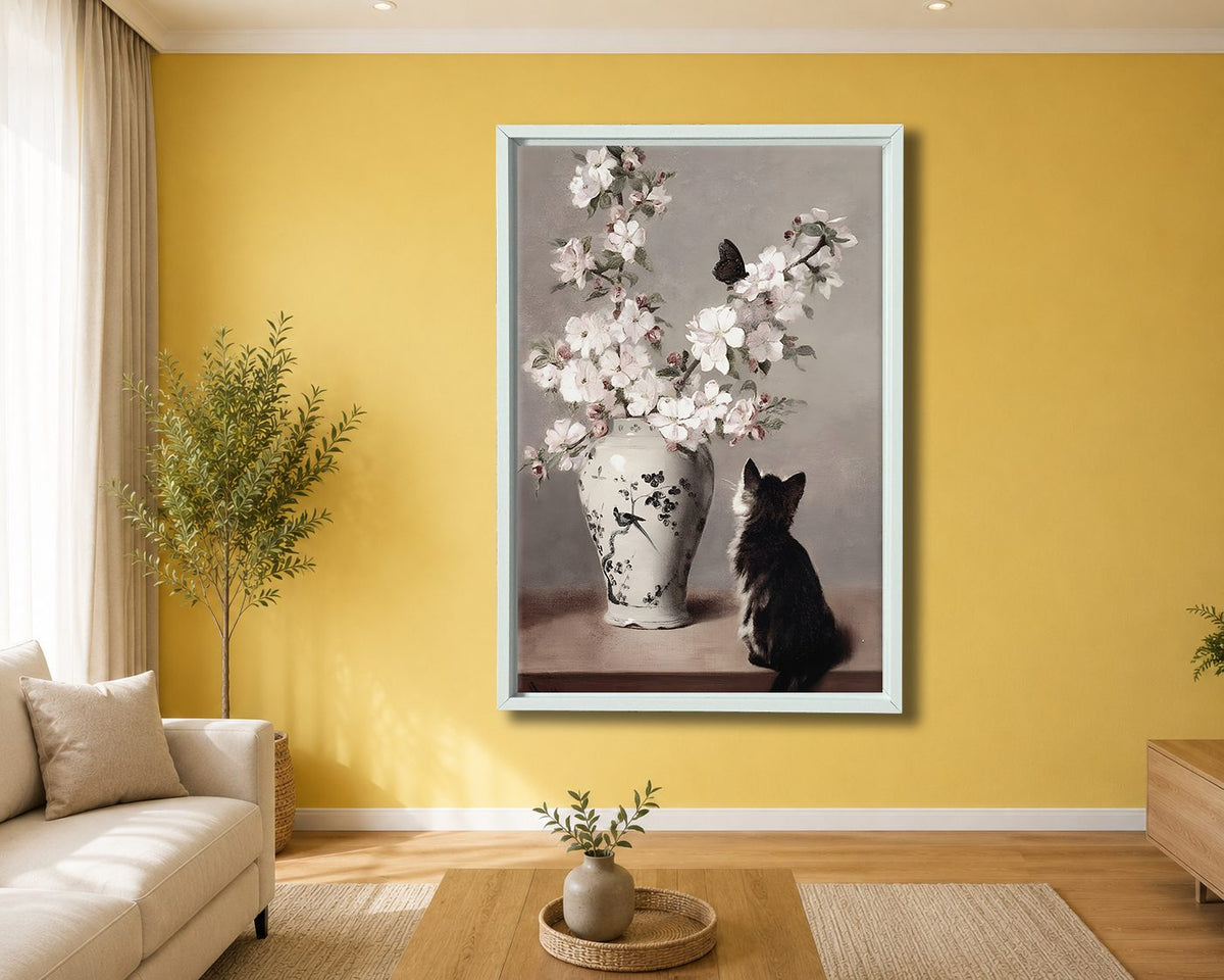 Cat with Cherry Blossom Vase canvas wall art, white floating frame