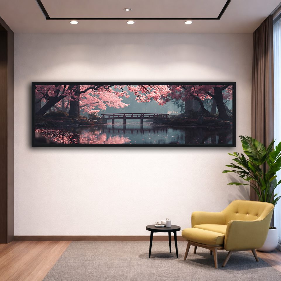 Cherry Blossom Bridge Lake canvas wall art, black floating frame