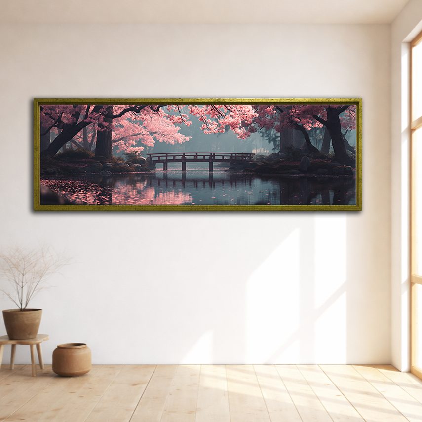 Cherry Blossom Bridge Lake canvas wall art, gold floating frame