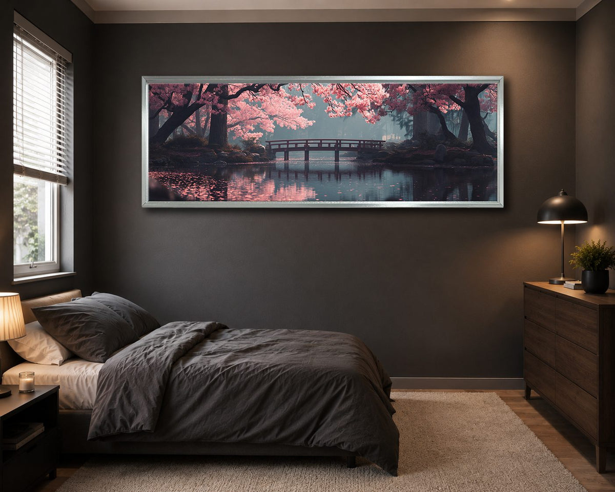 Cherry Blossom Bridge Lake canvas wall art, silver floating frame