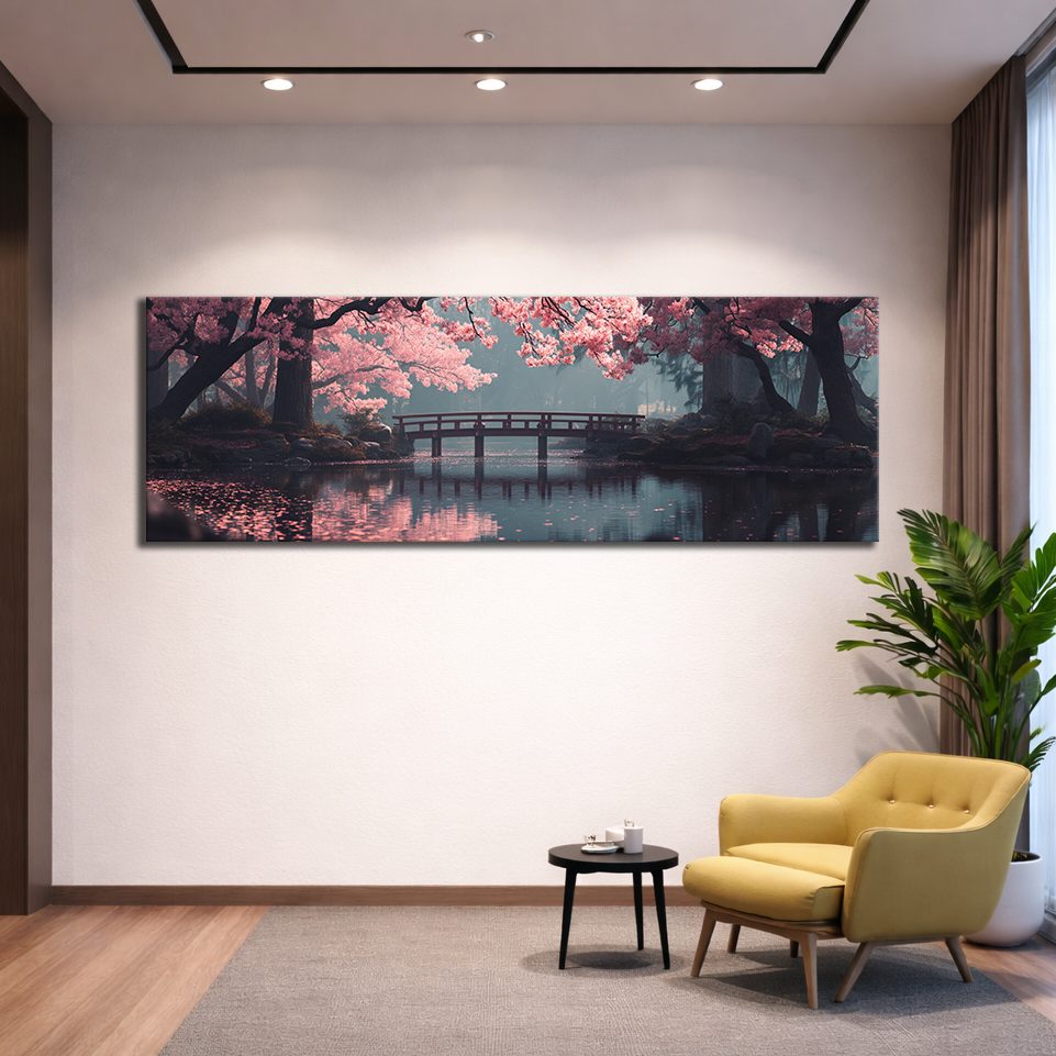Cherry Blossom Bridge Lake canvas wall art, unframed canvas