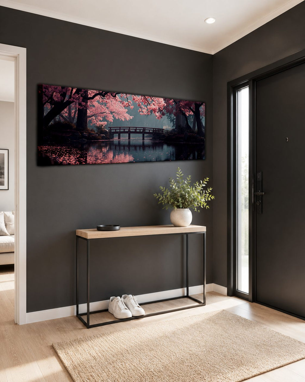Cherry Blossom Bridge Lake canvas wall art, unframed canvas