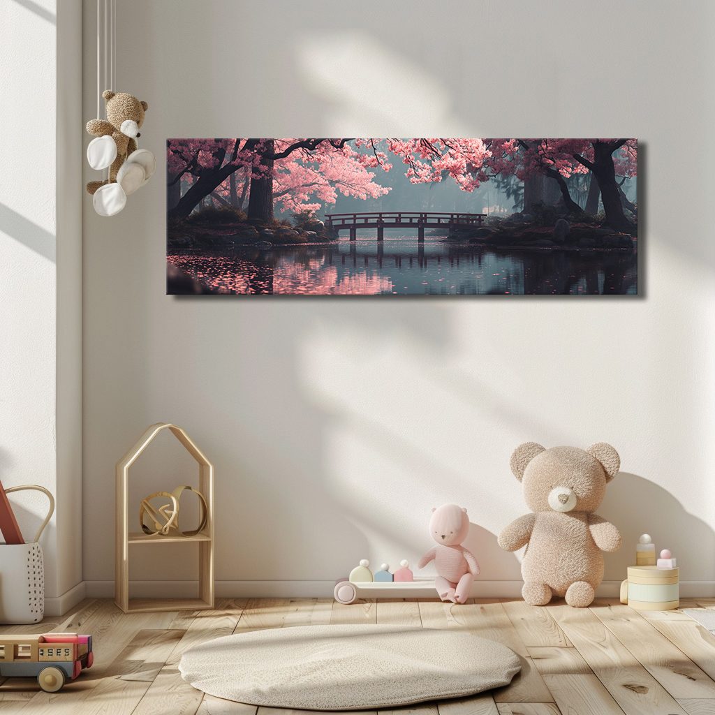 Cherry Blossom Bridge Lake canvas wall art, unframed canvas