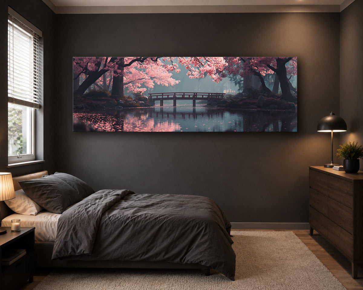 Cherry Blossom Bridge Lake canvas wall art, unframed canvas