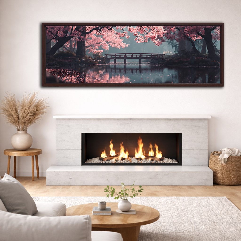 Cherry Blossom Bridge Lake canvas wall art, walnut floating frame