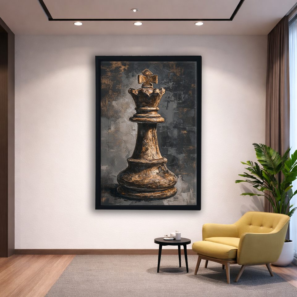 Chess King Piece Dark canvas wall art, black floating frame