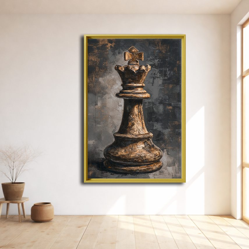 Chess King Piece Dark canvas wall art, natural wood floating frame