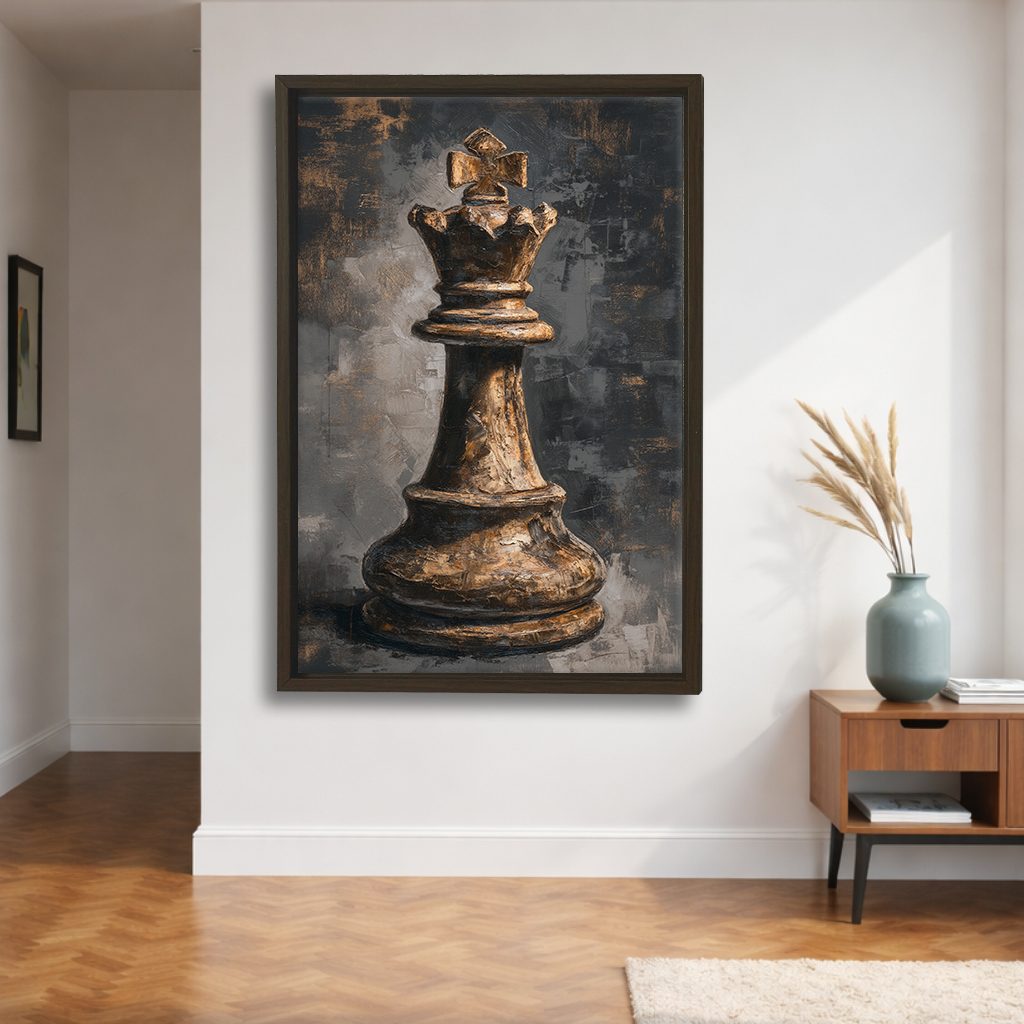 Chess King Piece Dark canvas wall art, walnut floating frame