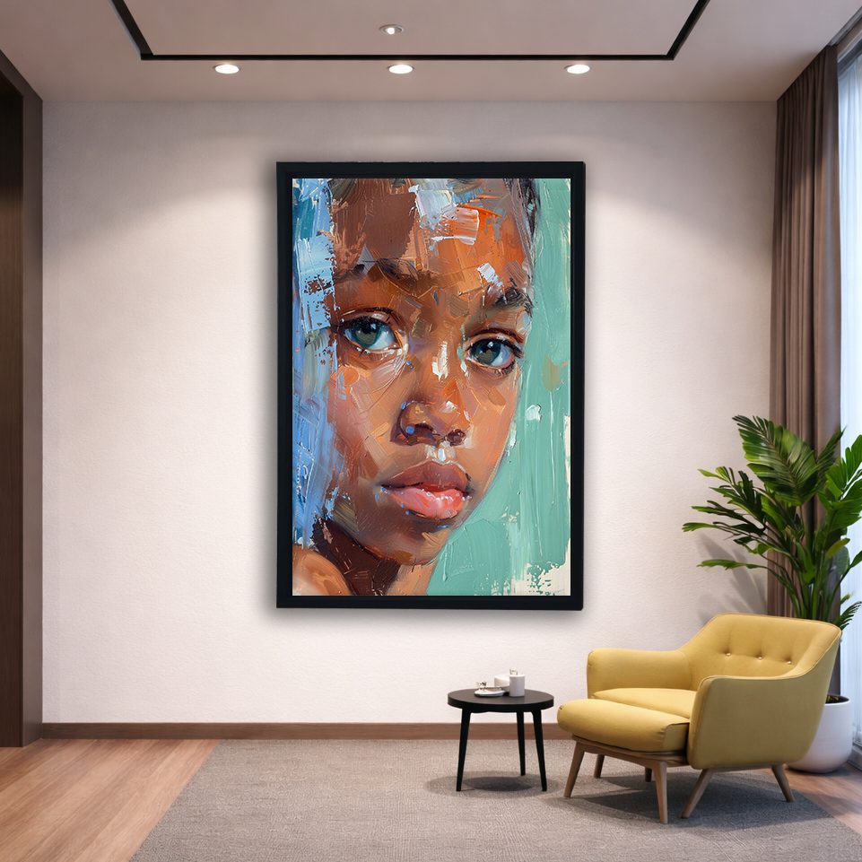 Child Portrait Expressive Brushstrokes canvas wall art, black floating frame