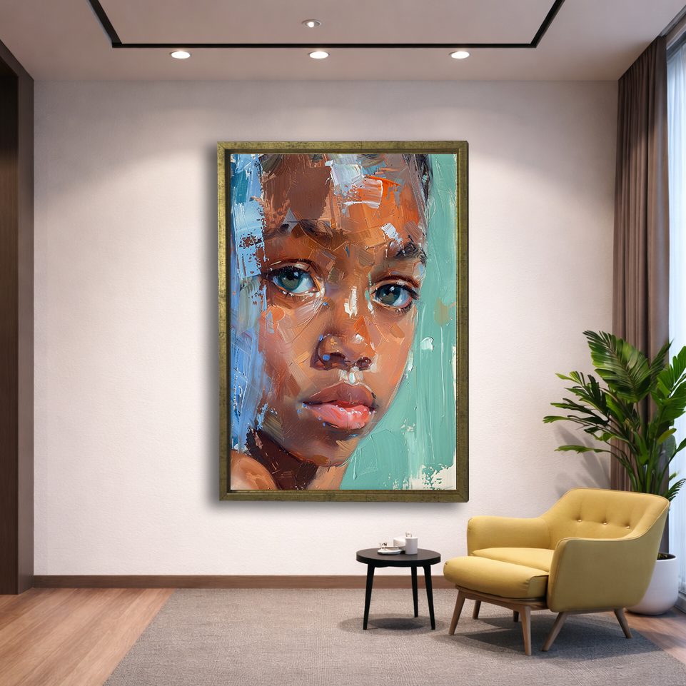 Child Portrait Expressive Brushstrokes canvas wall art, gold floating frame