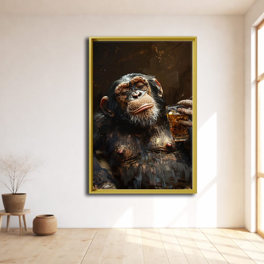 Chimpanzee with Whiskey canvas wall art, natural wood floating frame
