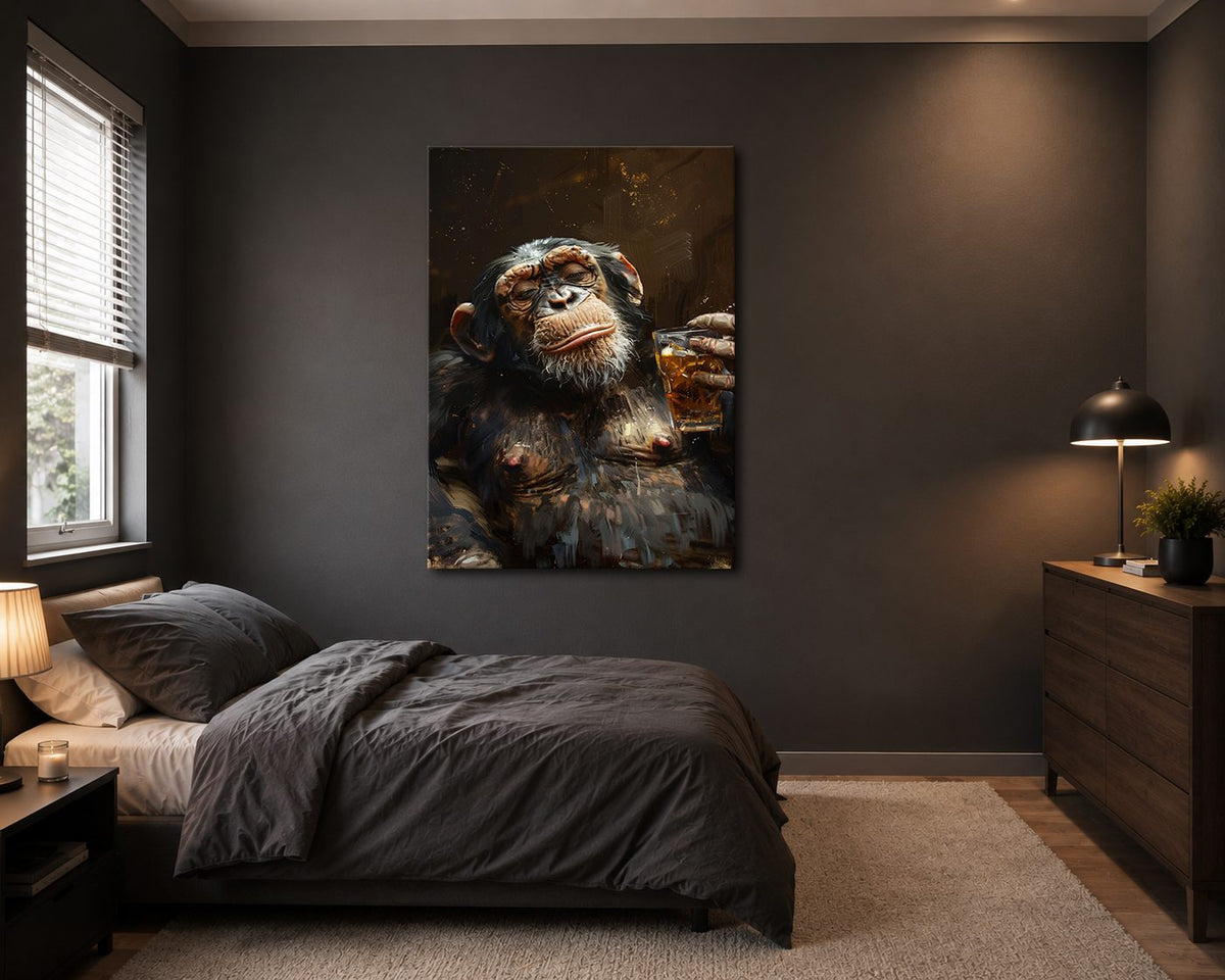 Chimpanzee with Whiskey canvas wall art, unframed canvas