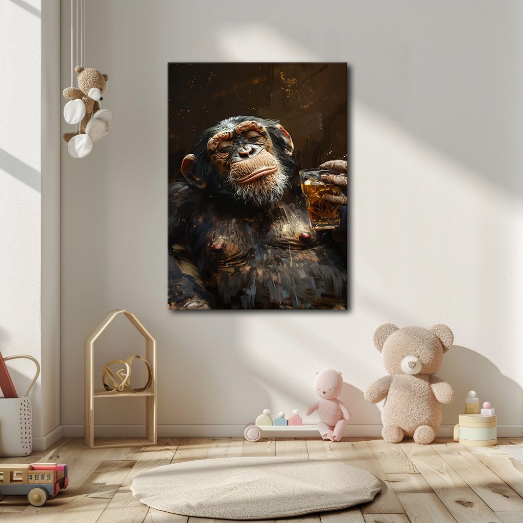 Chimpanzee with Whiskey canvas wall art, unframed canvas