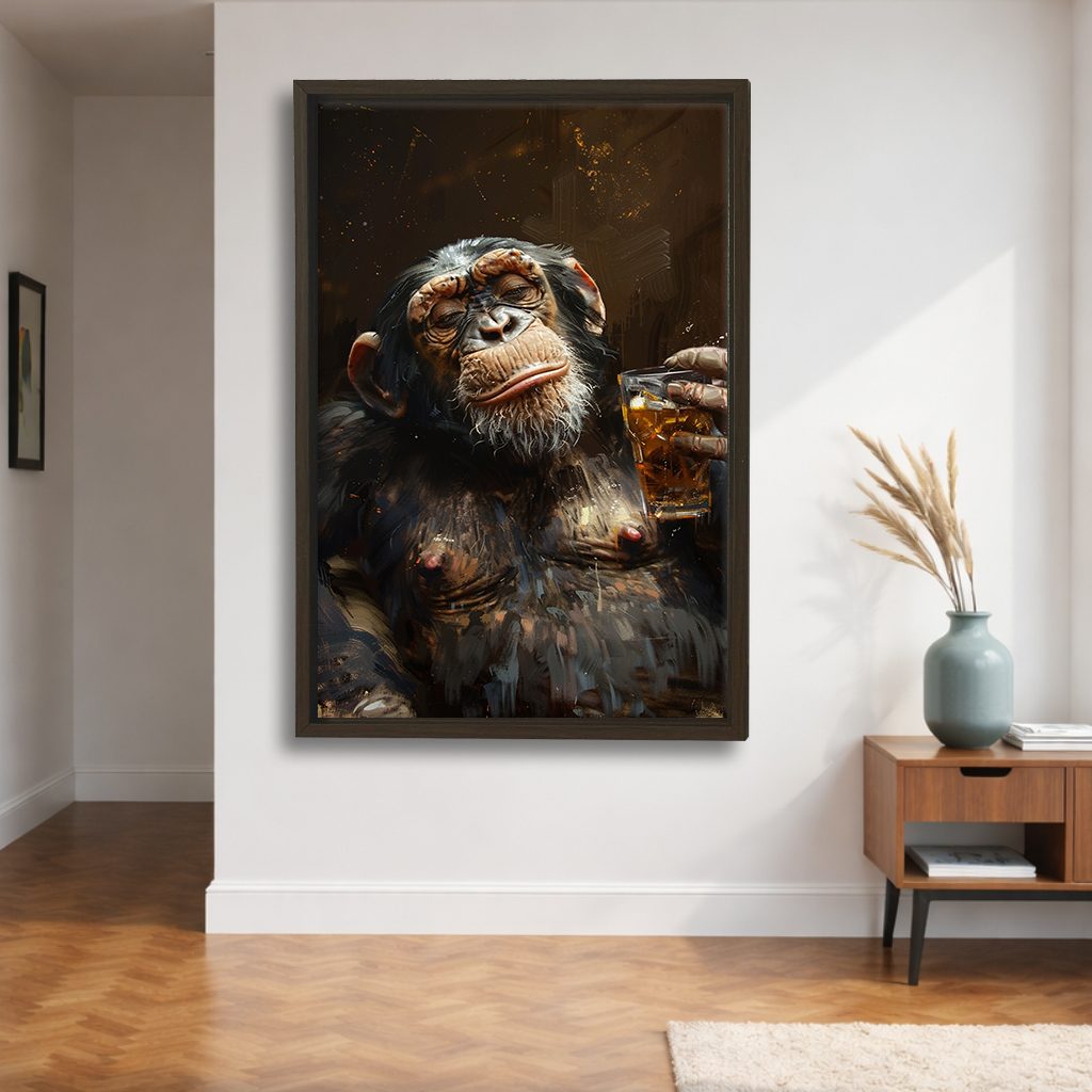 Chimpanzee with Whiskey canvas wall art, walnut floating frame