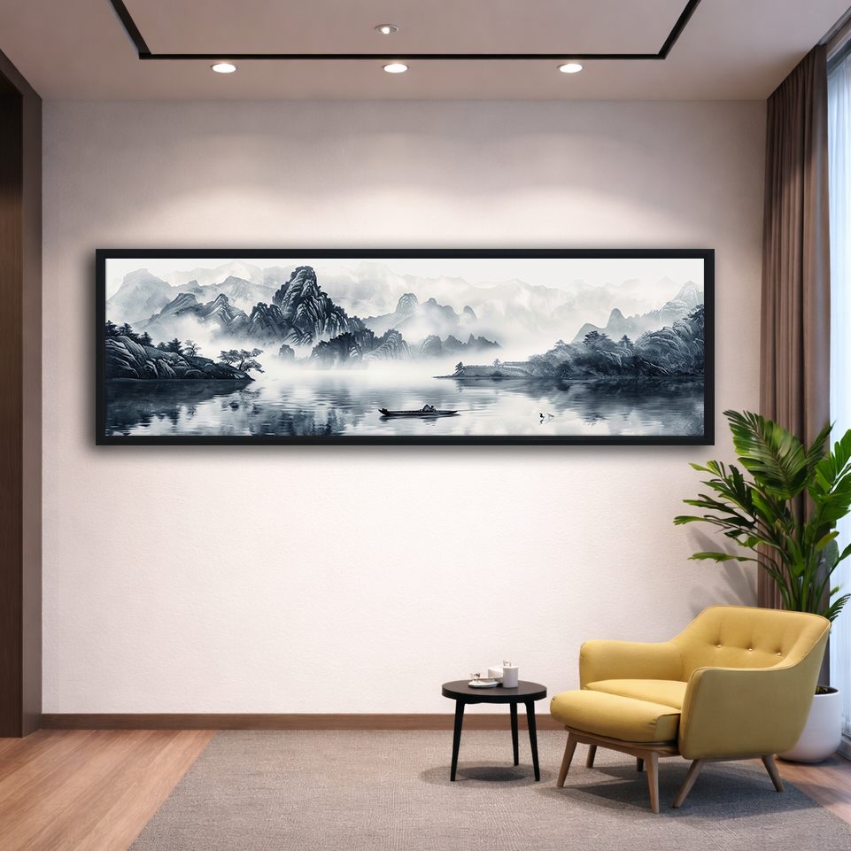 Chinese Ink Mountain Landscape canvas wall art, black floating frame