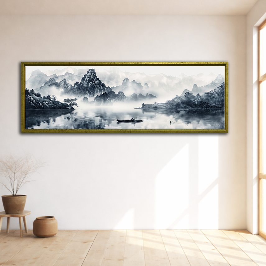 Chinese Ink Mountain Landscape canvas wall art, gold floating frame