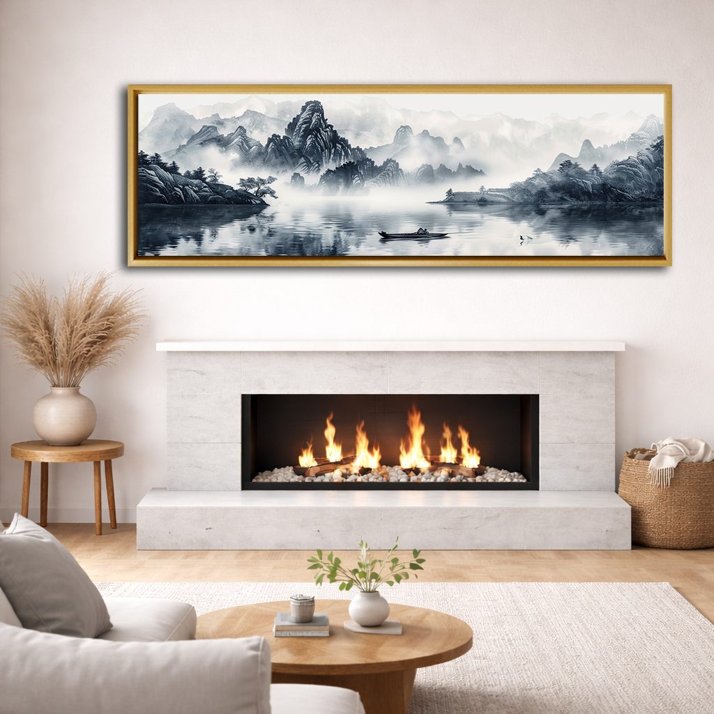 Chinese Ink Mountain Landscape canvas wall art, natural wood floating frame