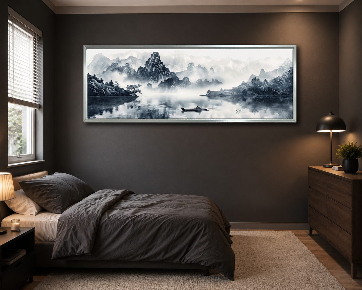 Chinese Ink Mountain Landscape canvas wall art, silver floating frame