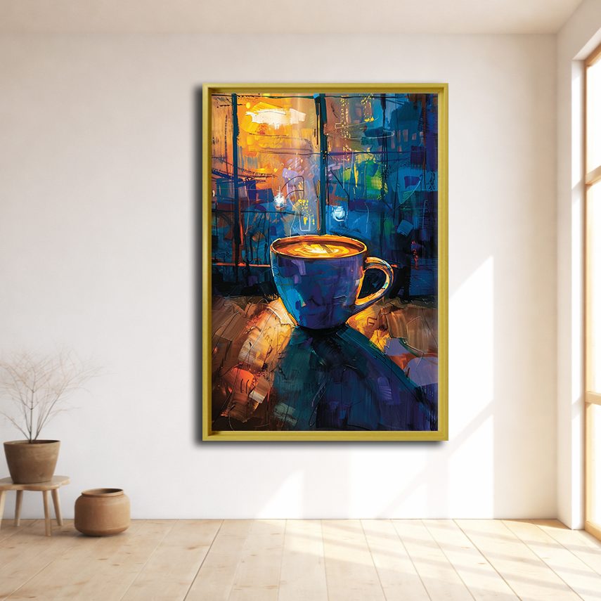 Coffee Cup in Colorful Cafe canvas wall art, natural wood floating frame