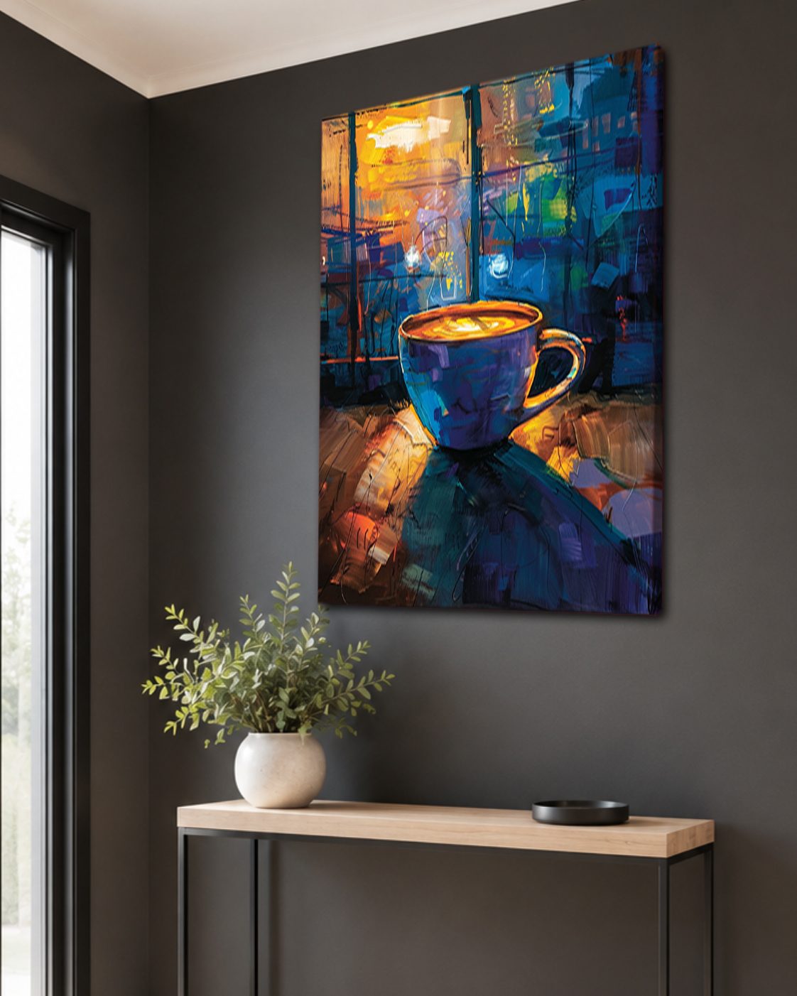 Coffee Cup in Colorful Cafe canvas wall art, unframed canvas
