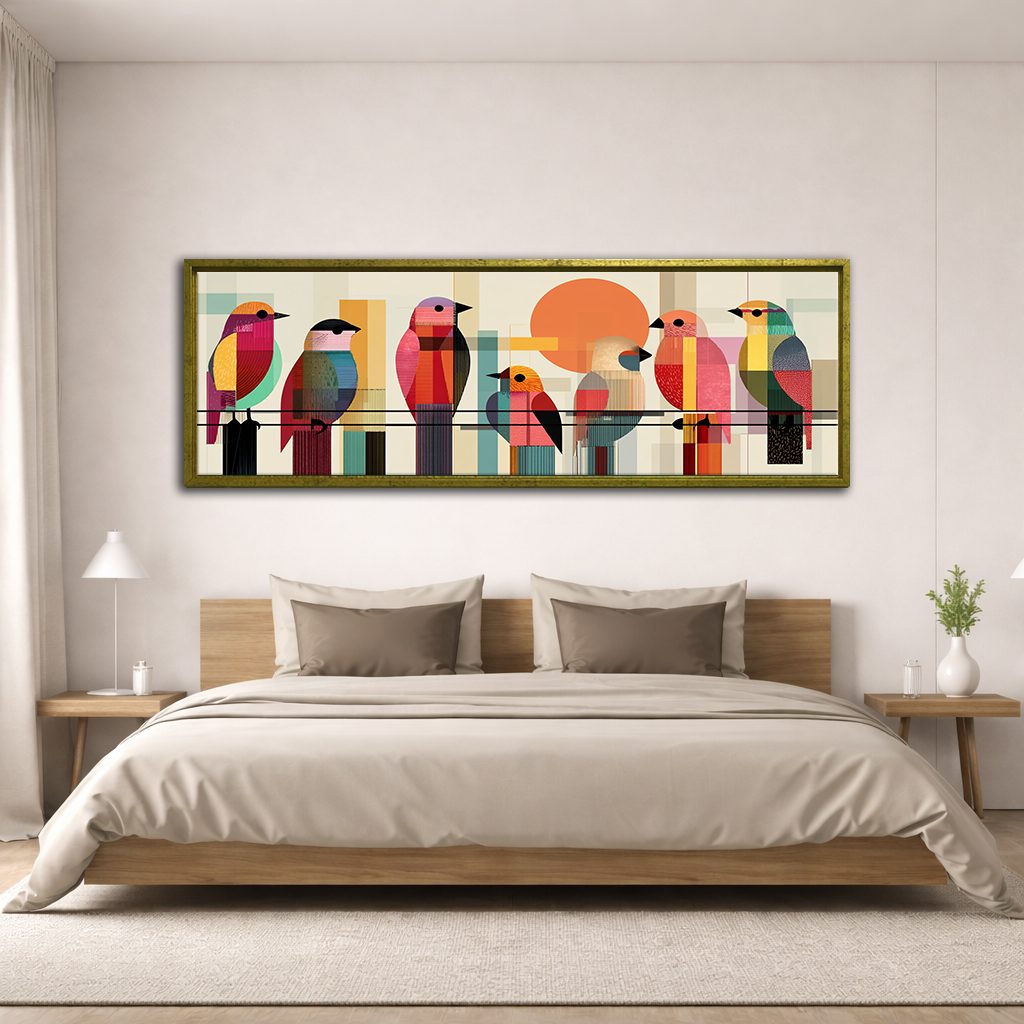 Colorful Mid-Century Birds on a Wire canvas wall art, antique gold floating frame