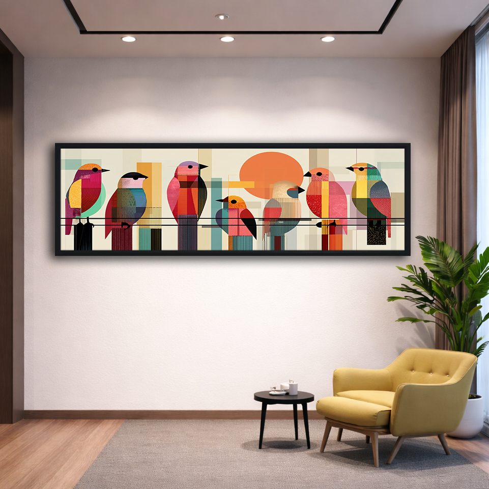 Colorful Mid-Century Birds on a Wire canvas wall art, black floating frame