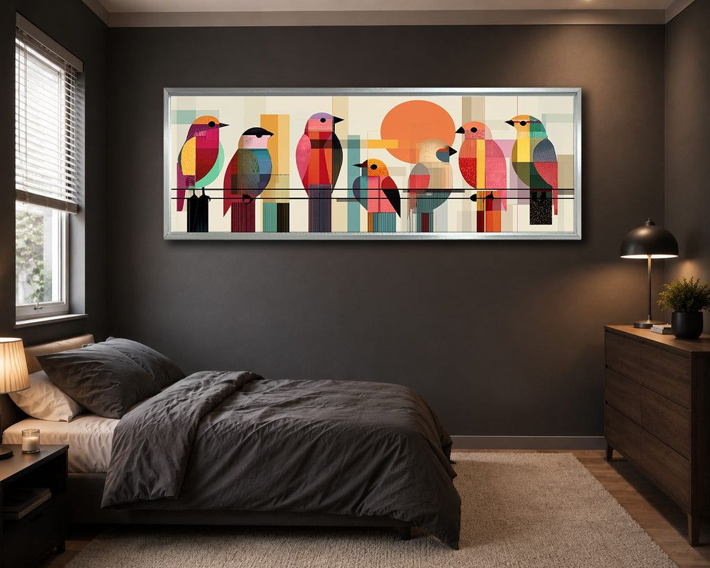 Colorful Mid-Century Birds on a Wire canvas wall art, silver floating frame