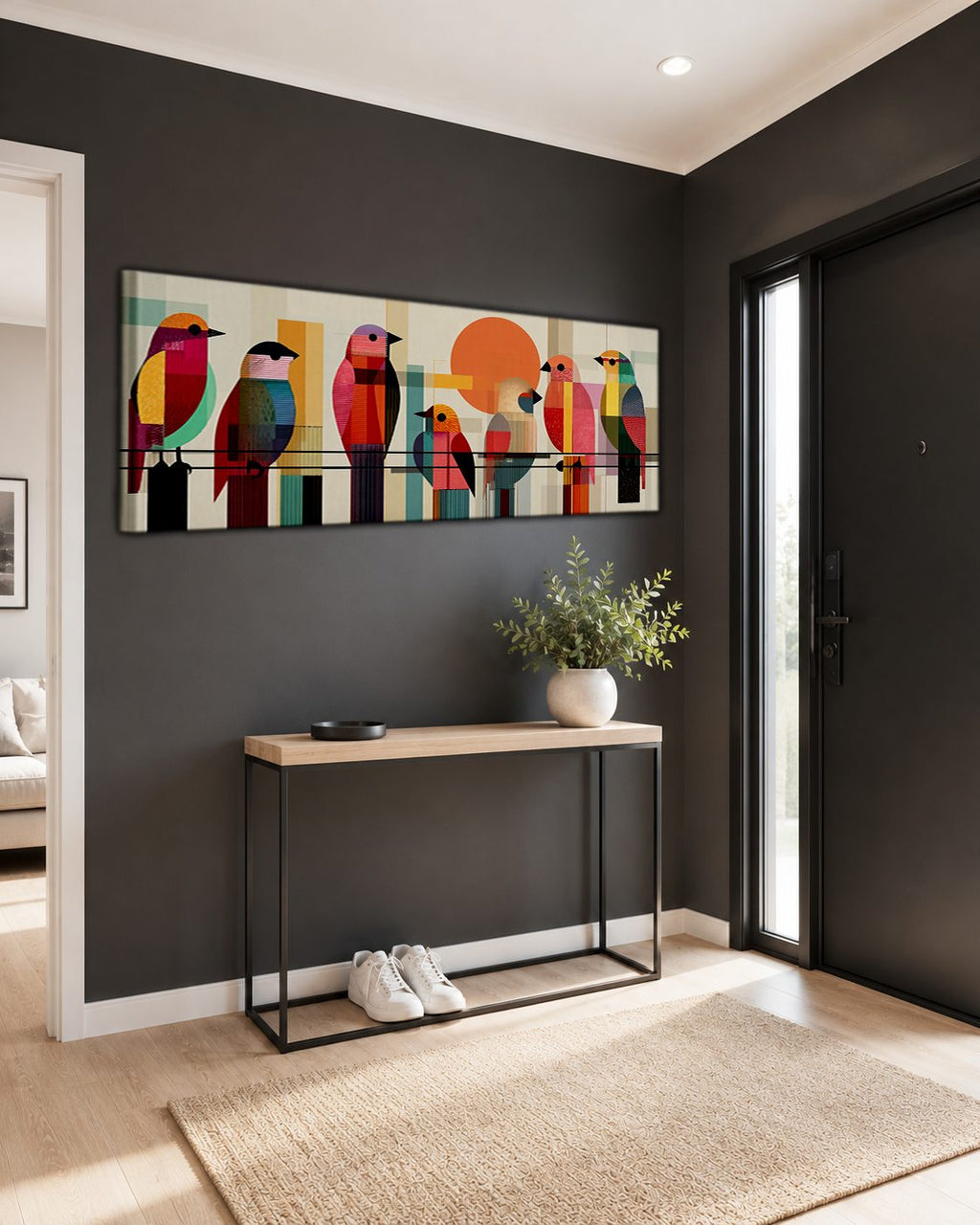Colorful Mid-Century Birds on a Wire canvas wall art, unframed canvas