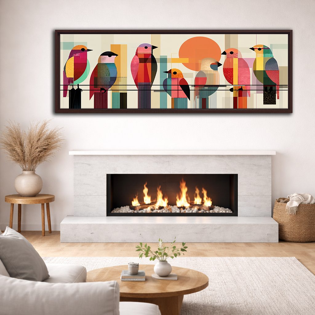 Colorful Mid-Century Birds on a Wire canvas wall art, walnut floating frame