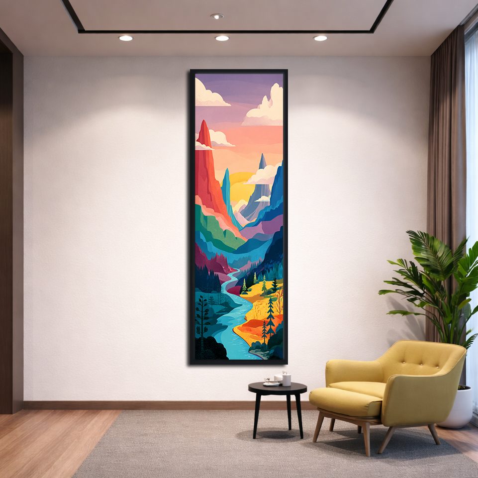 Colorful Mountain River Pop Art canvas wall art, black floating frame