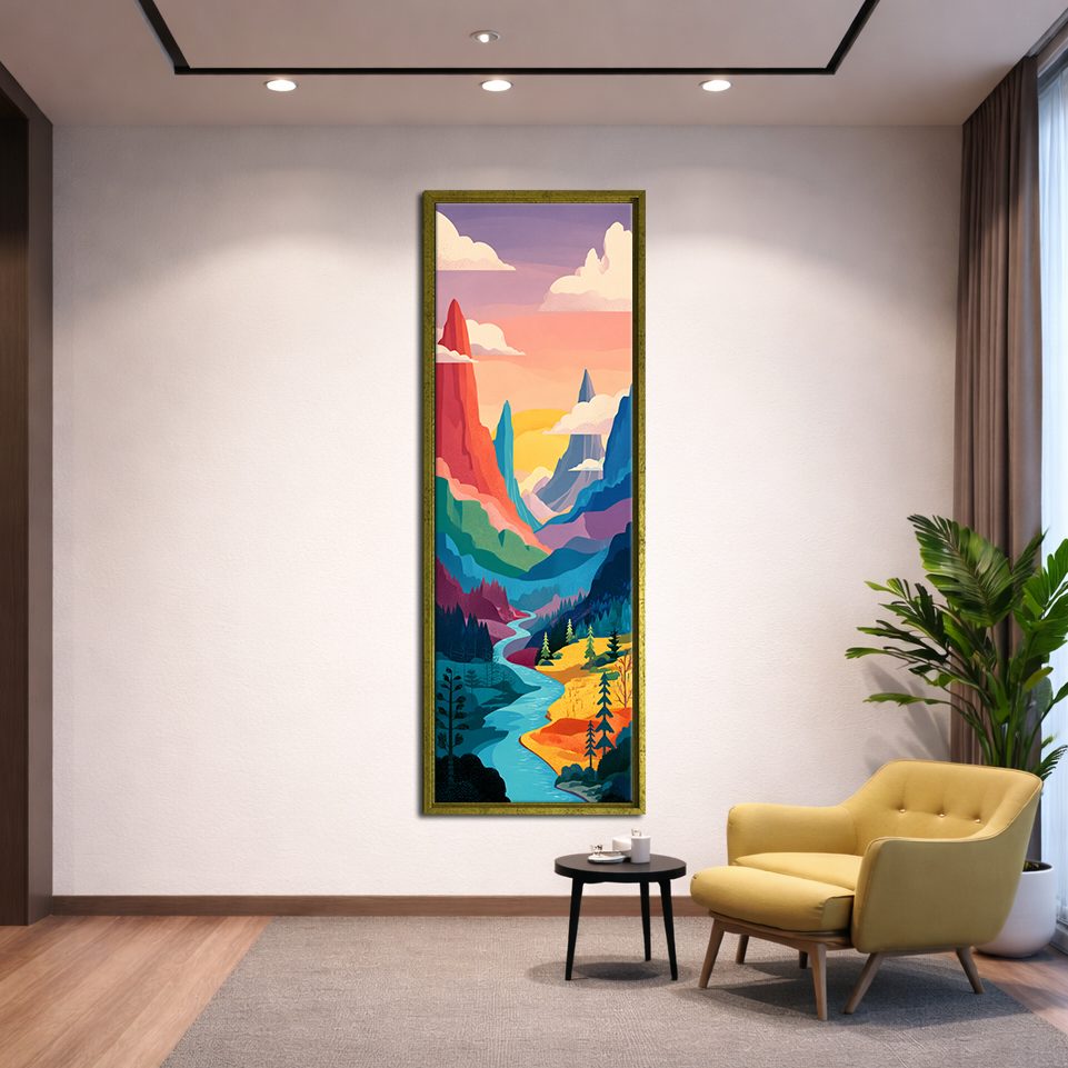 Colorful Mountain River Pop Art canvas wall art, gold floating frame