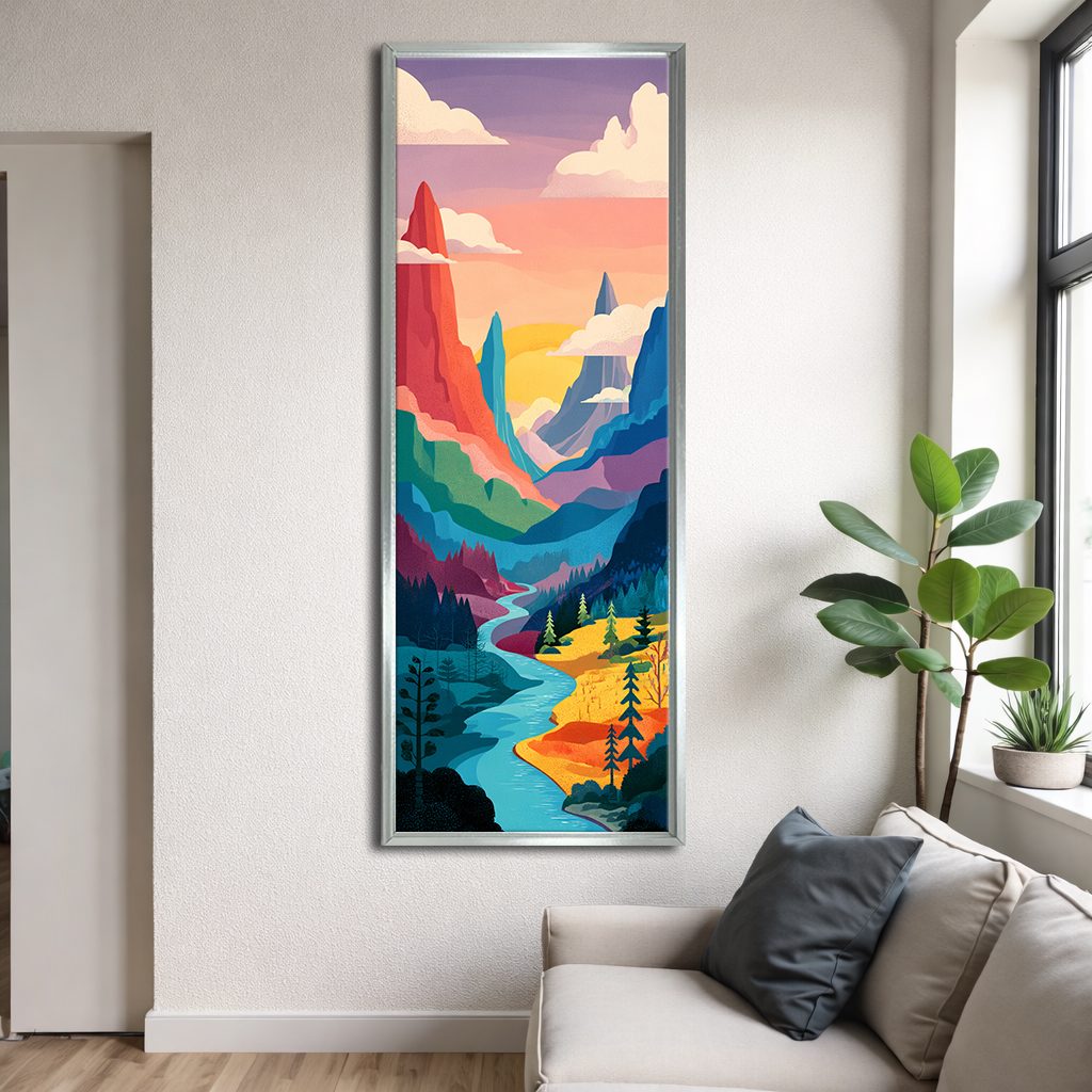 Colorful Mountain River Pop Art canvas wall art, silver floating frame