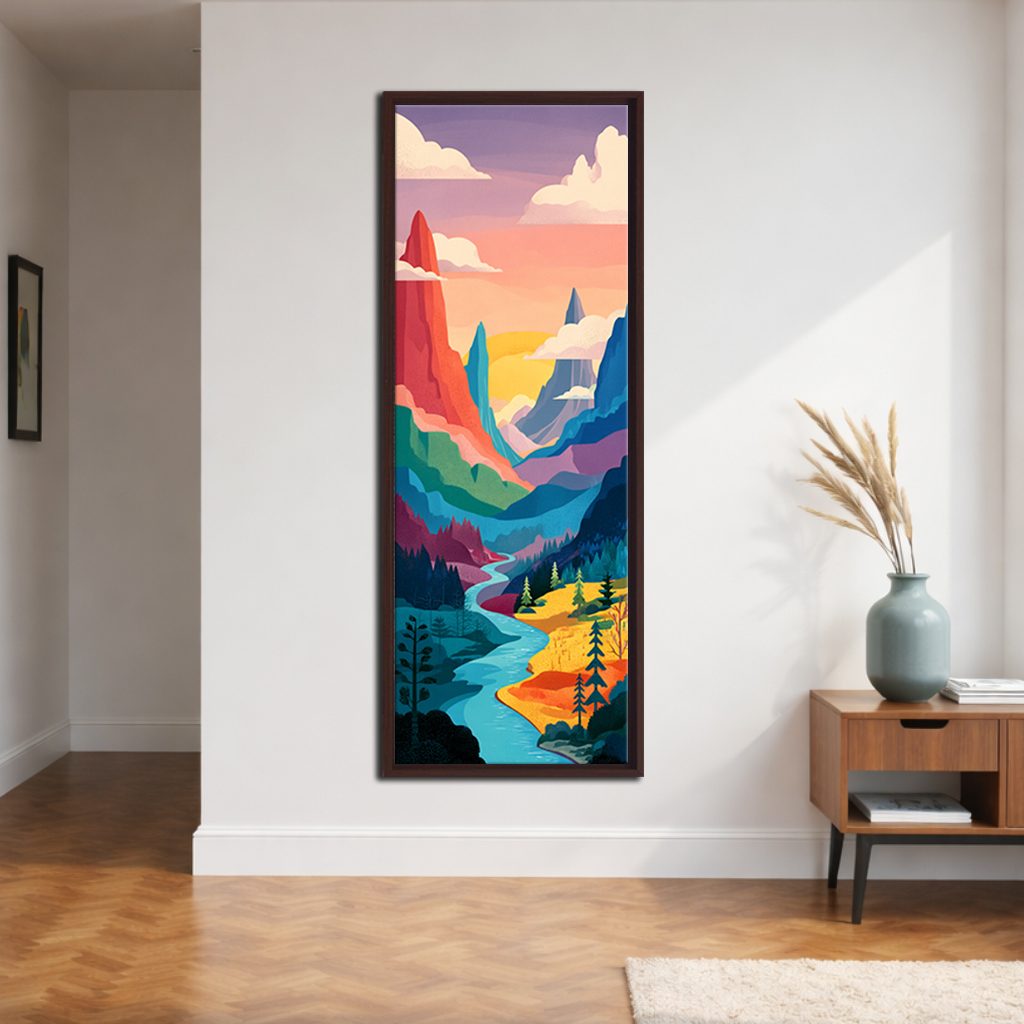 Colorful Mountain River Pop Art canvas wall art, walnut floating frame