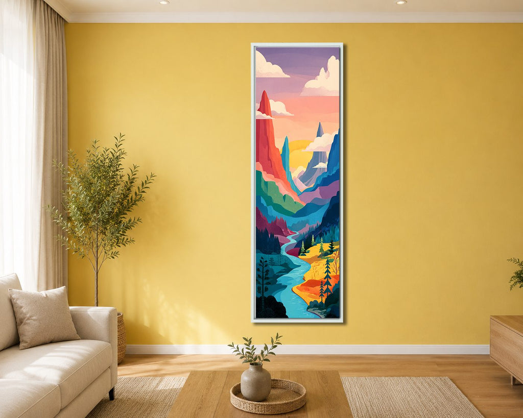 Colorful Mountain River Pop Art canvas wall art, white floating frame