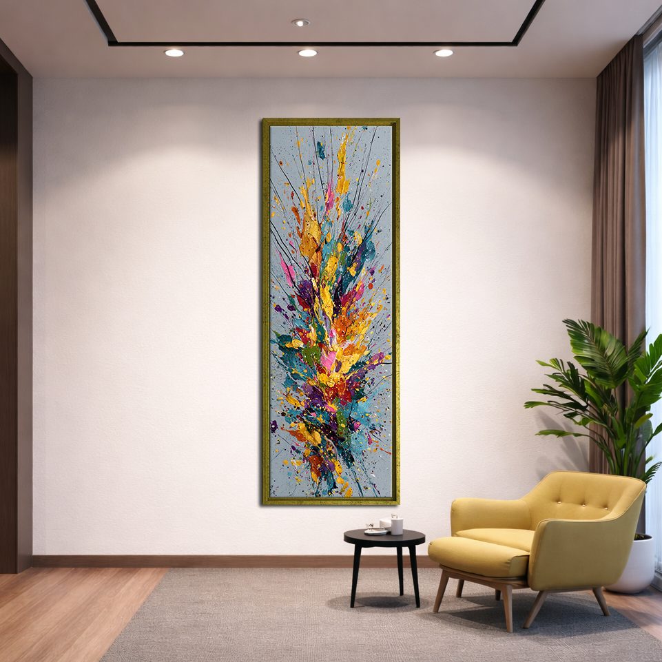 Colorful Paint Splash Abstract canvas wall art, gold floating frame