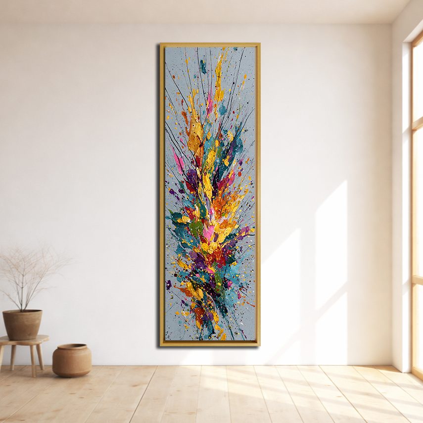 Colorful Paint Splash Abstract canvas wall art, natural wood floating frame