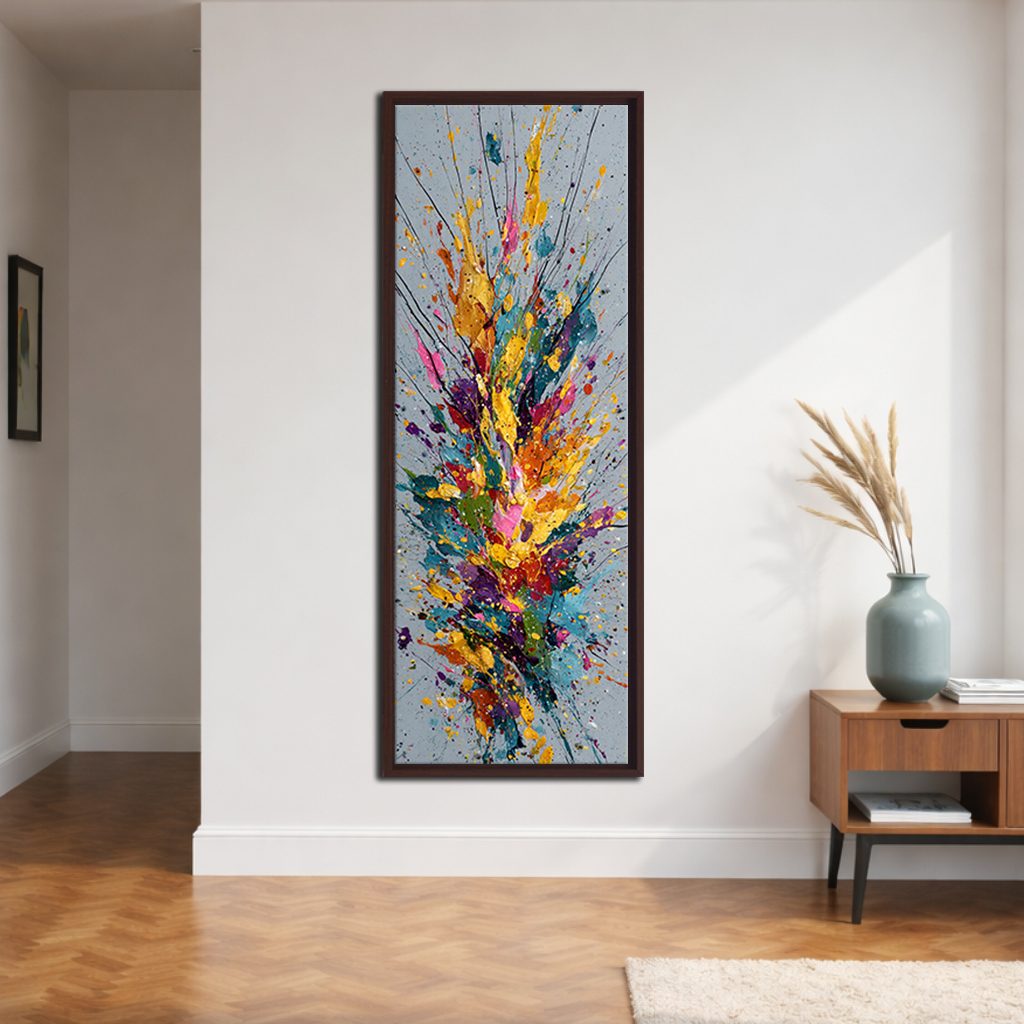Colorful Paint Splash Abstract canvas wall art, walnut floating frame