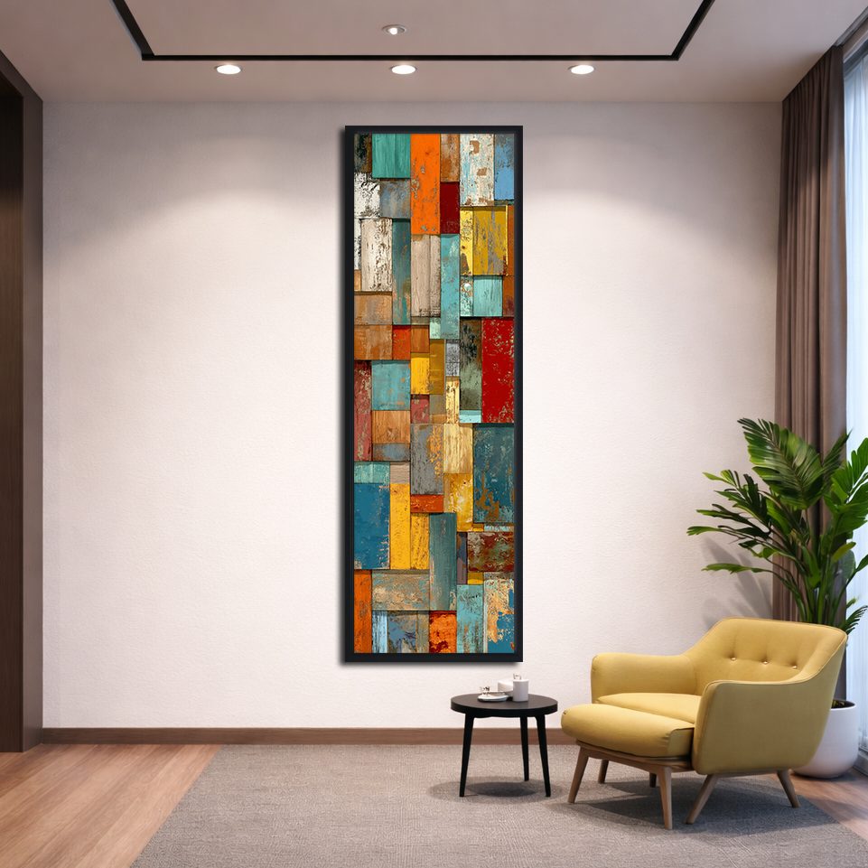 Colorful Patchwork Mosaic Abstract canvas wall art, black floating frame