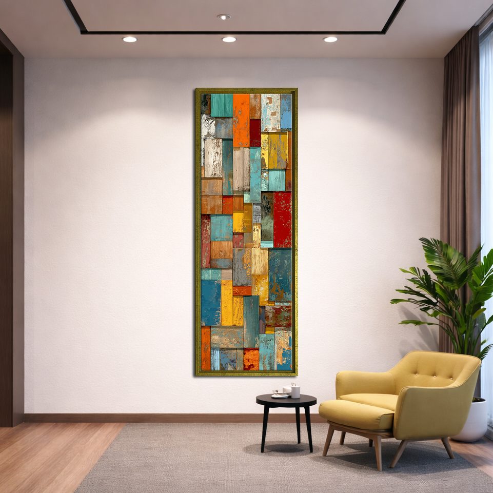 Colorful Patchwork Mosaic Abstract canvas wall art, gold floating frame