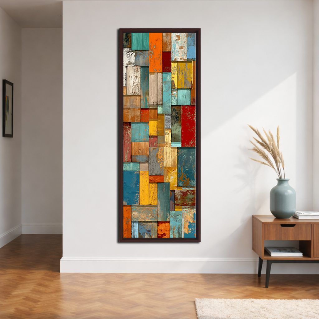 Colorful Patchwork Mosaic Abstract canvas wall art, walnut floating frame