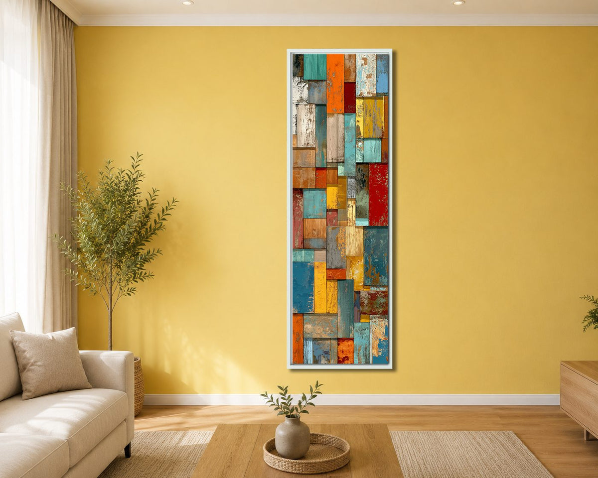 Colorful Patchwork Mosaic Abstract canvas wall art, white floating frame