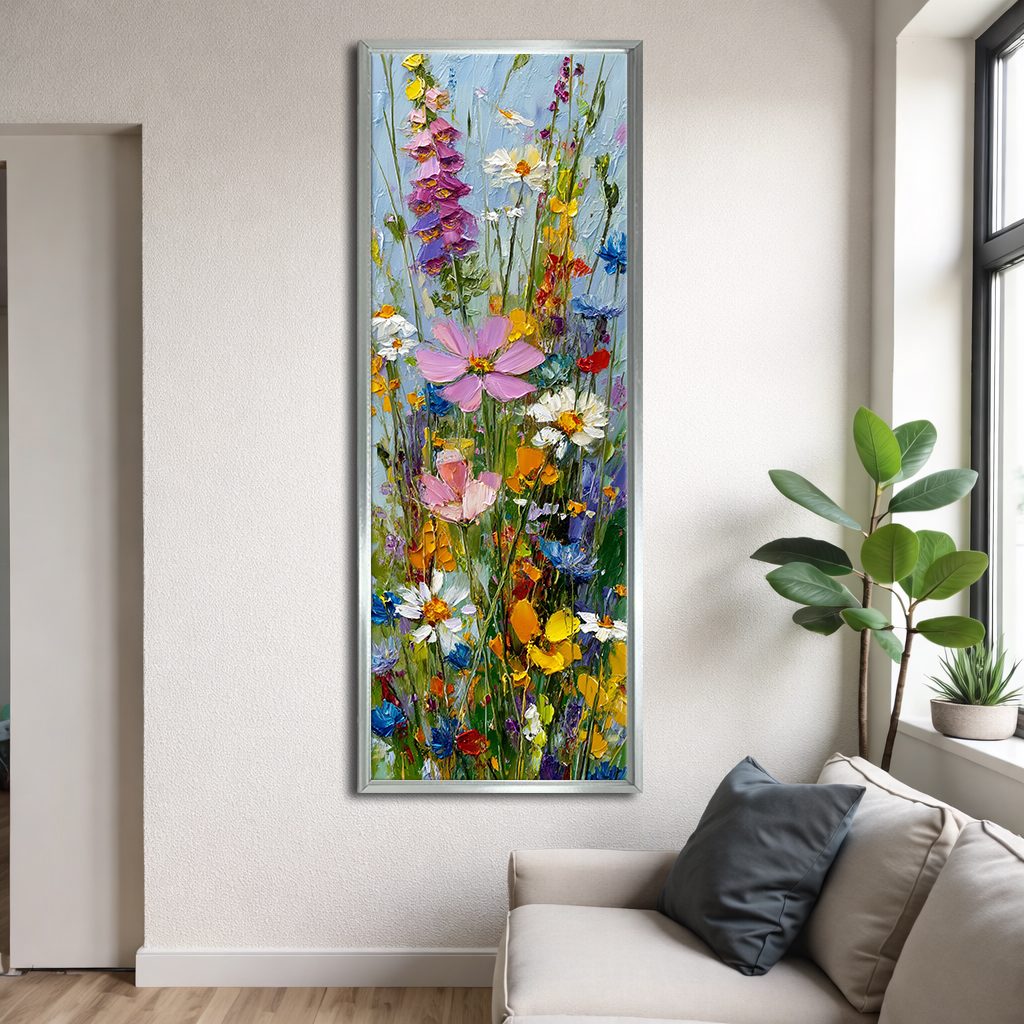 Colorful Wildflower Bouquet canvas wall art, silver floating frame