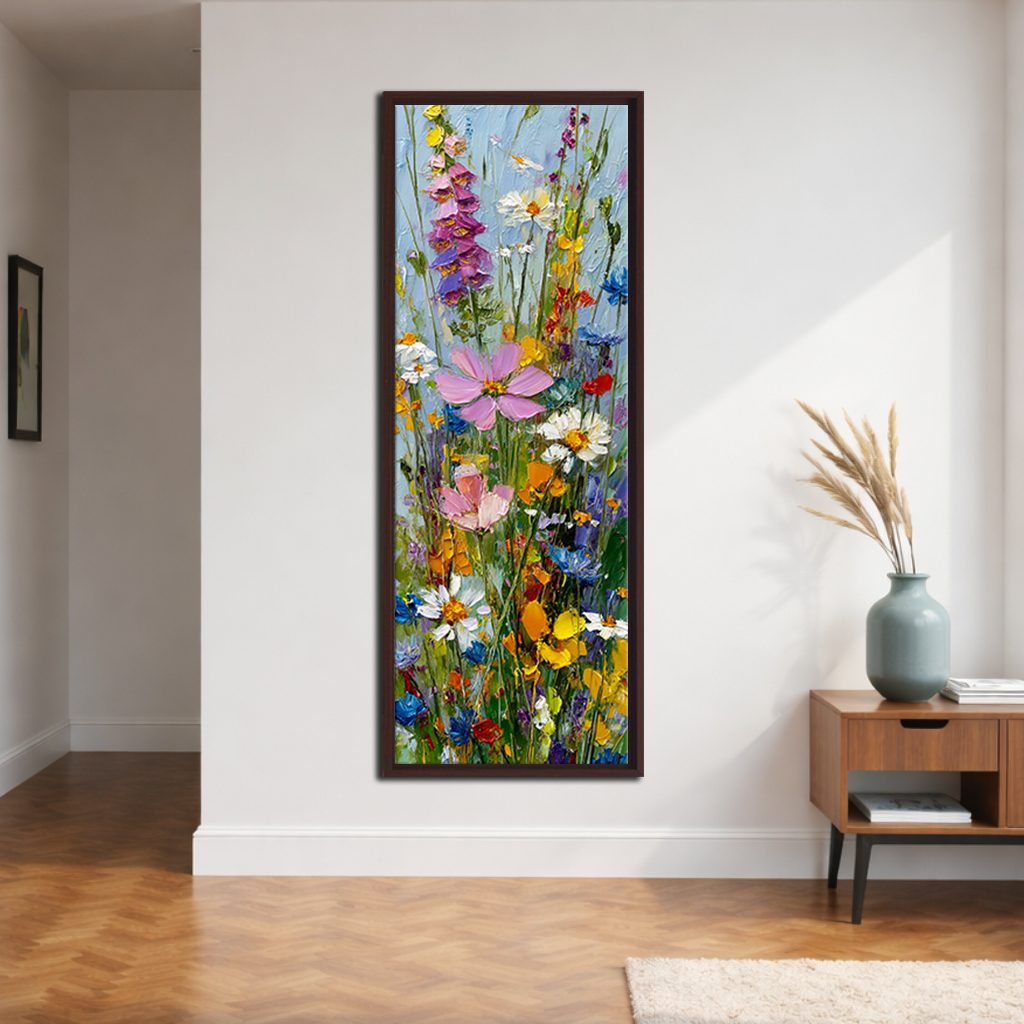 Colorful Wildflower Bouquet canvas wall art, walnut floating frame